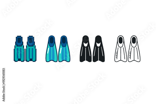 Row of four swim fins in different styles, including pixel art and simplified flat designs, showing snorkeling and diving flippers on white background