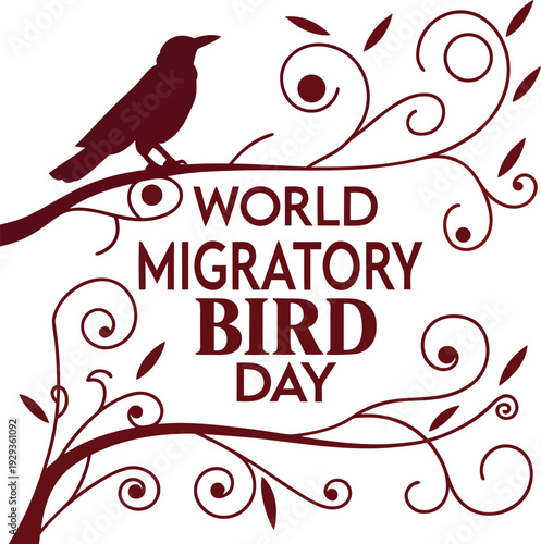 World Migratory Bird Day Graphic with Bird Silhouette and Maroon Text on Cream Background.