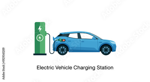 Modern Blue Electric Car Powering Up at a Sleek Charging Station in a Sustainable City