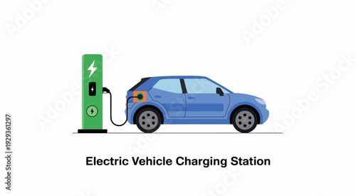 Blue Electric Car Charging at Modern EV Station Vector Illustration
