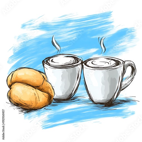 Two coffee cups, steam rising, and pastries on a light blue background