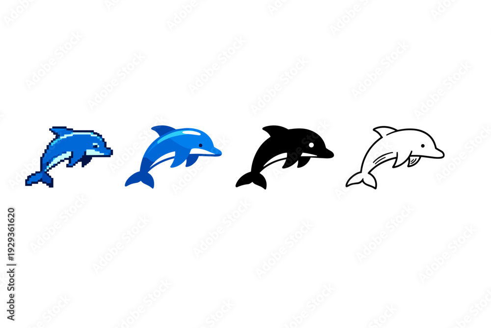 Fototapeta premium Set of four dolphin icons in varied styles, including pixel art, glossy blue illustration, solid black silhouette, and outlined white dolphin vector