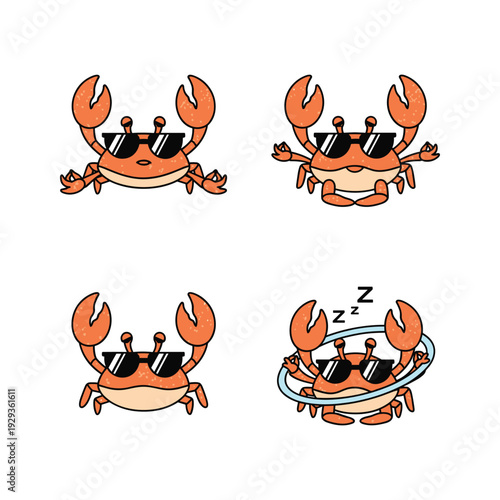 Cartoon crab sleeping with zzz bubble in different poses on white background