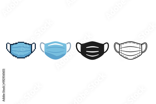 Collection of illustrated medical face masks in blue, black, and white styles, showing different designs for protective covering and hygiene safety