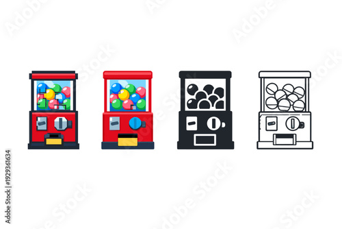 Four gumball vending machine icons in color, silhouette, and outline styles, showing toy capsules and coins in a clean flat illustration set