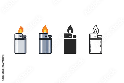 Set of four illustrated pocket lighters with flames, showing different styles and colors in simple vector design isolated on a white background