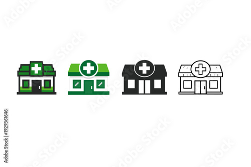 Set of four pharmacy storefront icons with medical cross sign, shown in color, flat silhouette, and outline styles on a clean white background