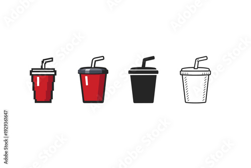 Row of four takeaway drink cups with straws, including red pixel-style beverages and minimalist black and outlined containers on white background