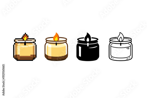 Set of four jar candles with flames in pixel art and clean outline styles, showing colored, black silhouette, and line drawing variations