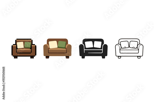 Row of four stylized sofa icons in different colors, including brown, tan, black, and white couches with cushions on a clean white background