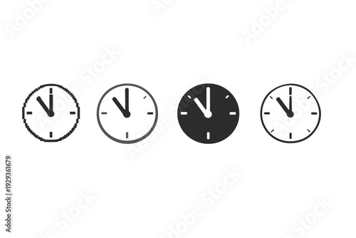 Minimalist row of four analog clock icons showing different styles and line weights, illustrating timekeeping, scheduling, and punctuality concepts