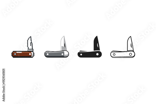 Row of four folding pocketknife illustrations in different styles, showing closed handles with single blades open, isolated on white background