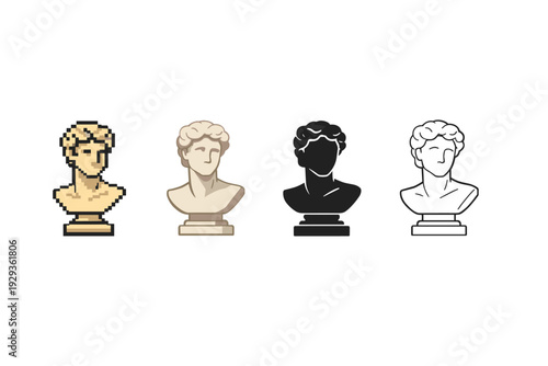 Set of four stylized classical male bust sculptures shown in pixel art, flat color, silhouette, and line outline variations on a clean white background