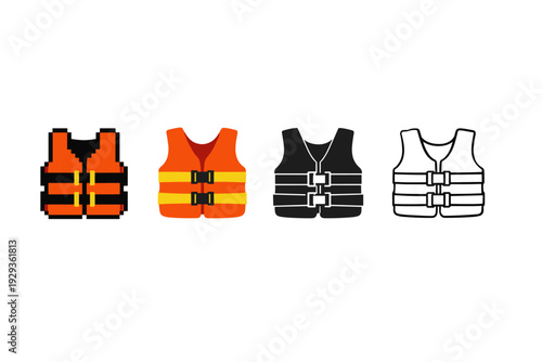 Row of four safety life jackets and vests in pixelated and flat styles, showing orange, black, and white flotation gear with buckle straps