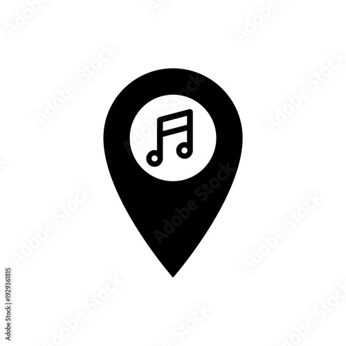 Music location pin icon with musical note symbol. Black map pointer for concert hall or music studio. Destination marker with melody sign