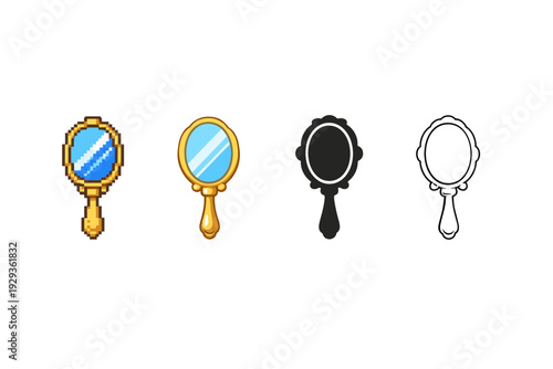 Set of four oval handheld mirrors in pixel art, colored vector, black silhouette, and outline styles arranged in a row on a white background