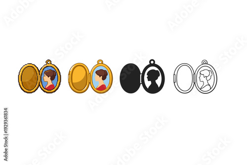 Row of locket pendants in color and outline styles, showing open and closed oval and round lockets with portrait silhouettes on a white background