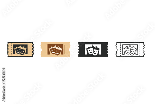 Set of four ticket-style icons featuring theatrical comedy and tragedy masks in beige, tan, black, and white with perforated edges on white