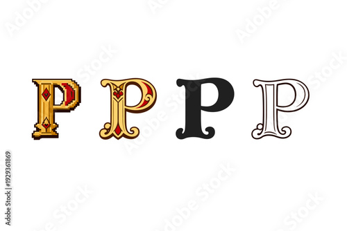 Four decorative uppercase letter P designs side by side, featuring pixelated medieval ornament, gold filigree, bold black serif, and outlined typography