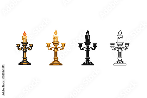 Set of four ornate candelabra icons with lit candles in color, gold, black silhouette, and outline styles on a clean white background