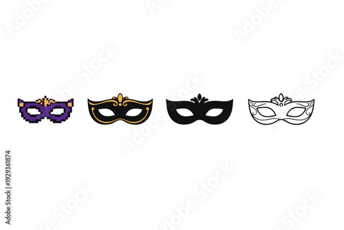 Set of four decorative masquerade eye masks in different styles, including pixelated purple, ornate gold, solid black, and outlined white designs