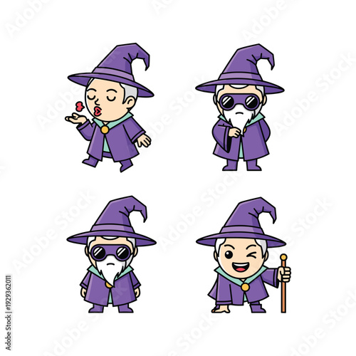 Cartoon wizard characters set with different emotions and accessories in purple robes