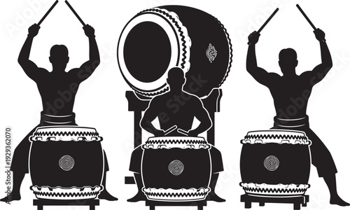 Black silhouette illustration of Taiko drummers, traditional Japanese drums, cultural performance, standing and seated players, drumsticks raised, decorative patterns, festival rhythm