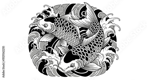 Japanese Koi Fish Tattoo Design with Waves