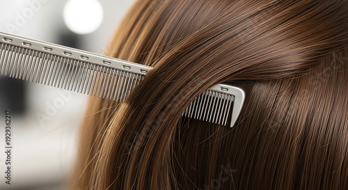 Close up of professional metal comb sectioning smooth brown hair in a hair salon