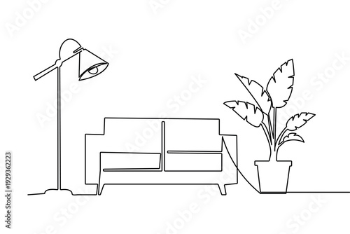 Sofa with lamp and potted plant continuous one line drawing minimalist style vector