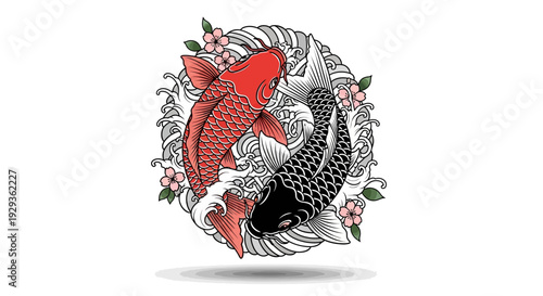 Yin Yang Koi Fish Symbol with Cherry Blossoms and Waves