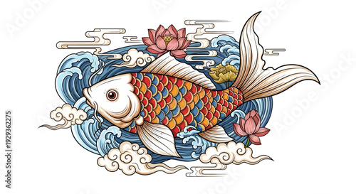 Vibrant Koi Fish Swimming in Stylized Water with Lotus Flowers