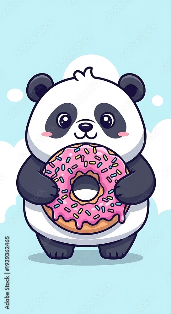 Naklejka premium Cute panda eating pink donut sweet.