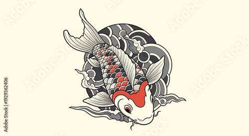 Japanese Koi Fish Tattoo Design, Traditional Asian Art, Red and White Carp