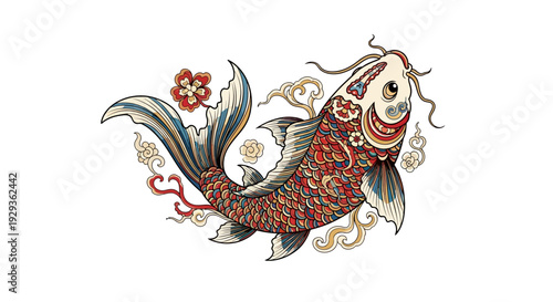 Japanese Koi Fish Illustration with Floral Elements and Clouds