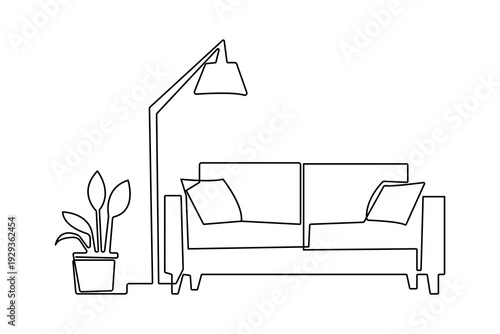 Sofa with lamp and potted plant continuous one line drawing minimalist style vector