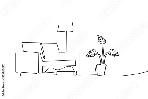 Sofa with lamp and potted plant continuous one line drawing minimalist style vector