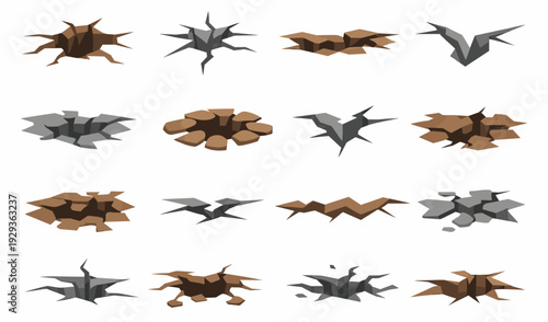Earth cracks vector collection. Set of cartoon soil fractures and broken land shapes isolated on white