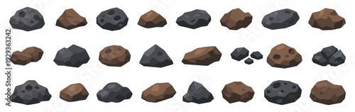 Stones vector collection. Set of cartoon rocks, pebbles and mineral stone elements isolated on white