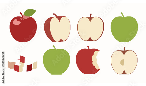 Cute Cartoon Apple Fruit Characters with Slice Half and Candy Apple Vector Collection