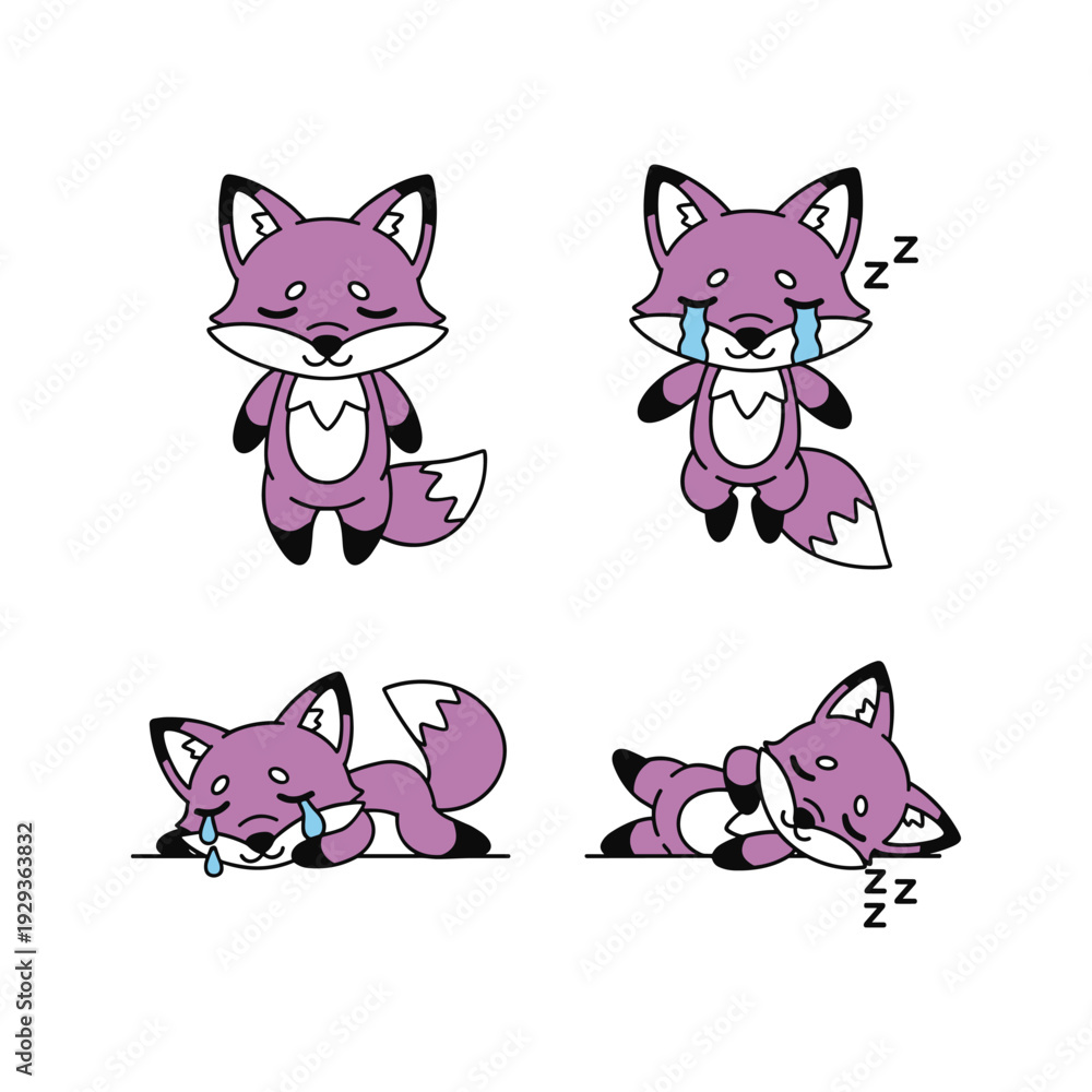 Fototapeta premium Cute cartoon fox character sleeping with different emotions on white background
