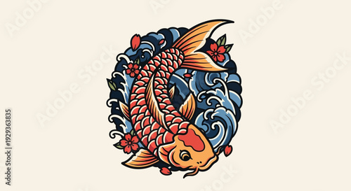 Japanese Koi Fish Tattoo Design with Waves and Cherry Blossoms