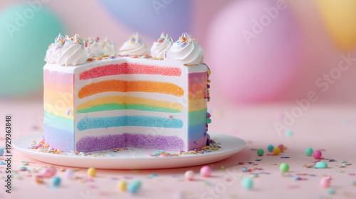 A vibrant rainbow layer cake with a slice cut out on a plate