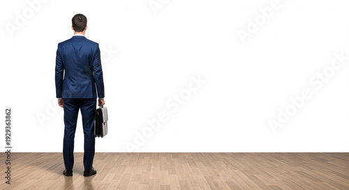 Businessman with briefcase facing a blank white wall perfect for career vision future corporate planning and business choice