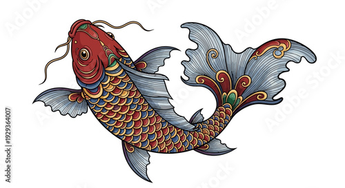 Ornate Koi Fish Illustration with Red Head and Decorative Tail Fins