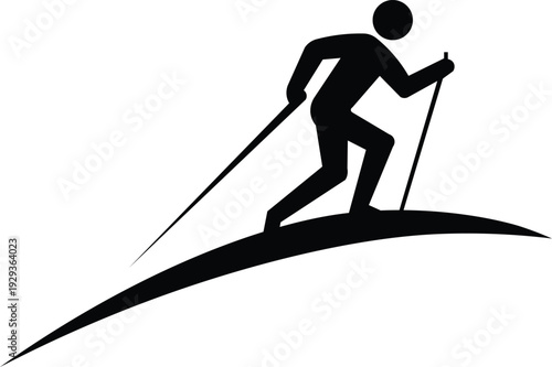 Hiker Climbing Mountain Silhouette Icon.