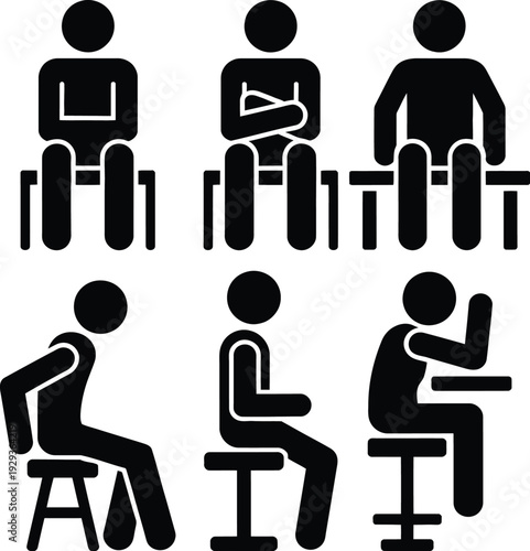 Various seating postures of people in different positions on chairs and benches