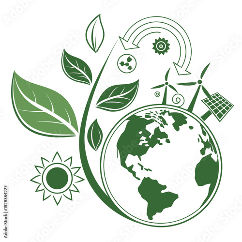 A vibrant illustration showcasing sustainable living with green foliage renewable energy sources and a harmonious natural environment for eco conscious
