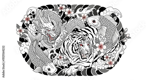 Japanese Tattoo Style Dragon, Tiger, Koi Fish, Cherry Blossoms, Waves