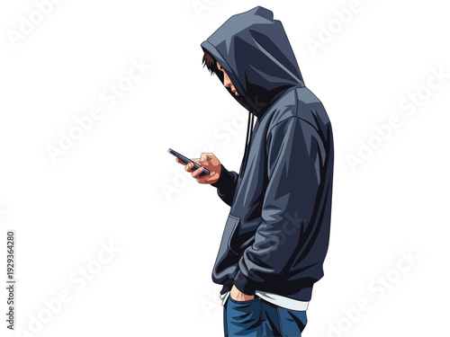 Young man in hoodie engrossed in smartphone usage.